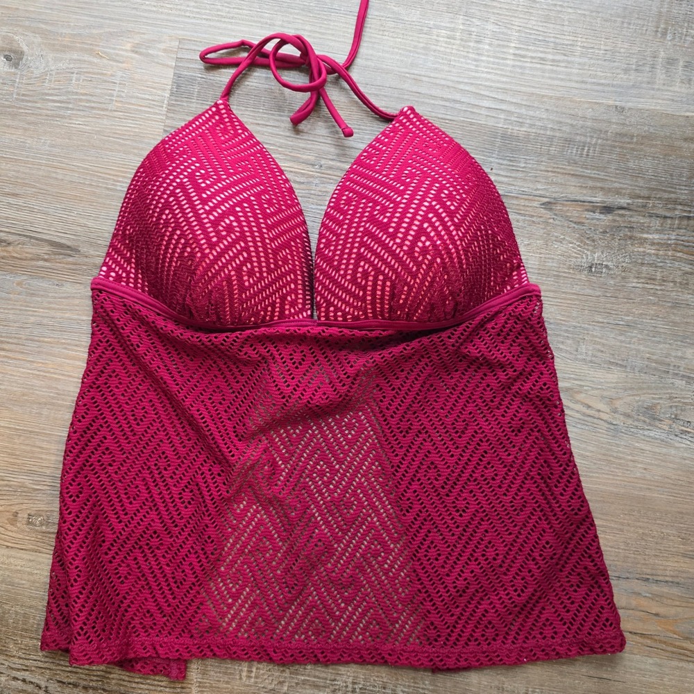 Arizona Jean Co Womens XL Magenta Pink Crochet Lace Halter Tankini Swim Top